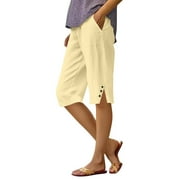 Nokdvo Pedal Pushers for Women Bermuda Shorts Knee Length Trendy Summer Elastic Waist Gauze Pants Dressy Casual Linen Capris with Pockets Beige L